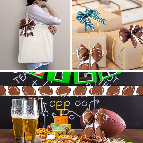 20 Yards/4 Rolls Football Wired Ribbons 2.5 Inches Wide Green Brown Wired Ribbon Sports Burlap Ribbon Rolls Ball Pattern Ribbons for DIY Wrapping ...