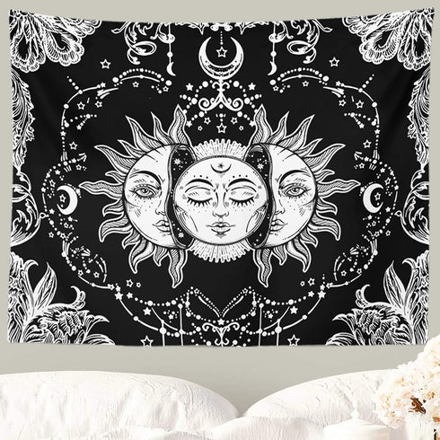 Ftuency Sun and Moon Tapestry, Black and White Tapestries Mystic Burning Sun with Star Wall Hanging decor for Bedroom (59" W x 51" L)...