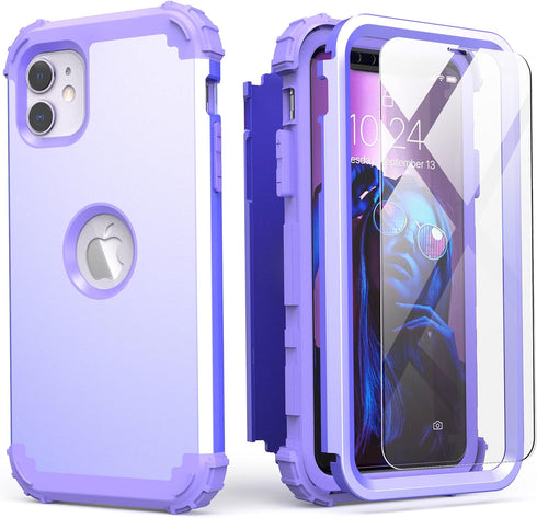IDweel for iPhone 11 Case with Tempered Glass Screen Protector,Hybrid 3 in 1 Shockproof Heavy Duty Protection Hard PC Cover Soft Silicone Bumper F...
