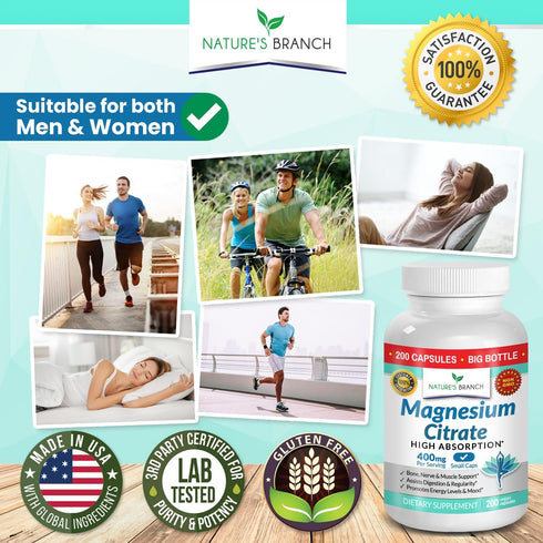Magnesium Citrate 400mg - 200 Capsules - High Potency for Sleep, Leg Cramps, Extra Strength Absorption, Easy to Swallow Pills for Women & Men, Veg...