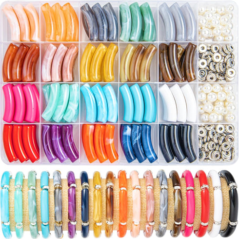 120 Pcs Curved Tube Beads for Bracelets Making, 20 Colors Acrylic Bamboo Tube Beads Noodle Beads and Elastic Strings for DIY Craft Necklace Bracel...