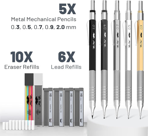 Mr. Pen- Metal Mechanical Pencil Set with Leads and Eraser Refills, 5 Sizes - 0.3, 0.5, 0.7, 0.9 and 2 Millimeters, Sketching/ Drafting Pencil...