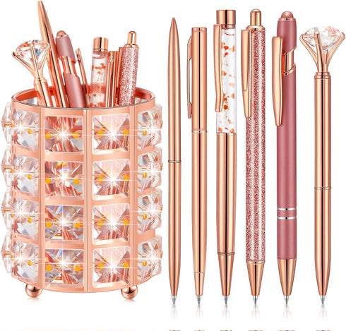 Ballpoint Pen Holder with 6 Glitter Bling Pen Rose Gold Diamond Pencil Holder Jeweled Gold Makeup Brush Holder Organizer for Women Girl Office Sch...