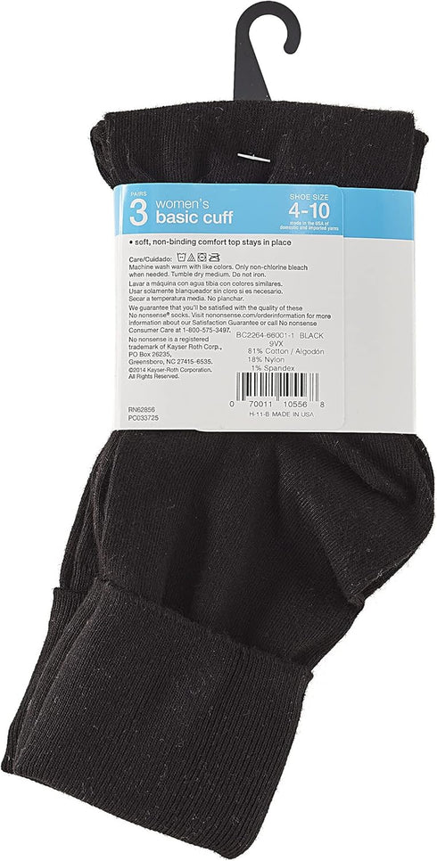 No nonsense Women's Cotton Basic Cuff Sock, Black - 3 Pair Pack, 4-10 (BC2264)...