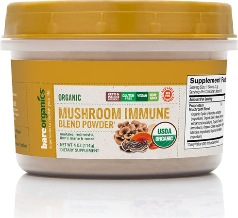 BareOrganics, Mushroom Immune Blend Powder, Organic Superfood, Vegan Dietary Supplement, 4 Ounces...