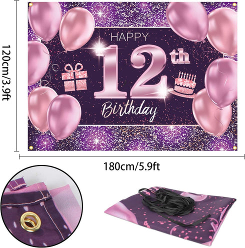 Happy 12th Birthday Banner Backdrop - 12 Birthday Party Decorations Supplies for Girl - Pink Purple Gold 4 x 6ft...