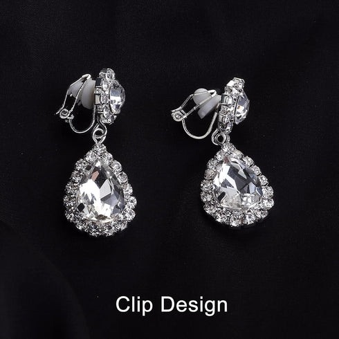 FIBO STEEL Clip on Wedding Jewelry for Bride Bridesmaid Clip Teardrop Pendant Earrings Crystal Rhinestone Tennis Necklace Bracelets Jewelry Set fo...