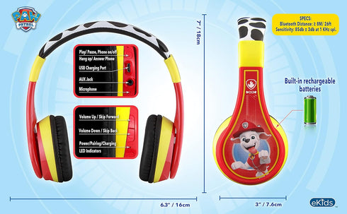 eKids Paw Patrol Kids Bluetooth Headphones, Wireless Headphones with Microphone includes Aux Cord, Volume Reduced Kids Foldable Headphones for Sch...