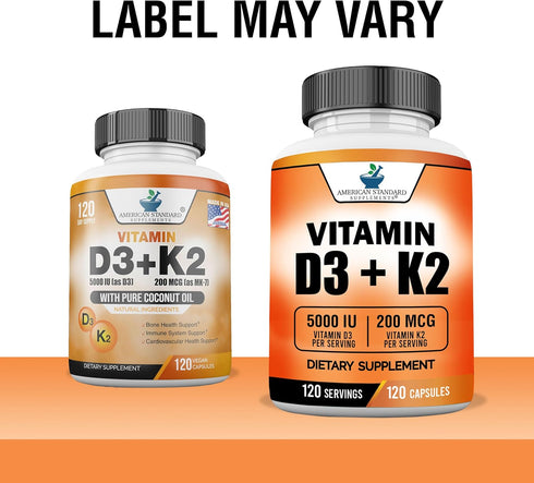 American Standard Supplements Vitamin D3 5000 IU (125mcg) Plus Vitamin K2 (MK7) 200mcg Per Capsule - Gluten Free, Non-GMO, 120 Capsules, 120 Servi...