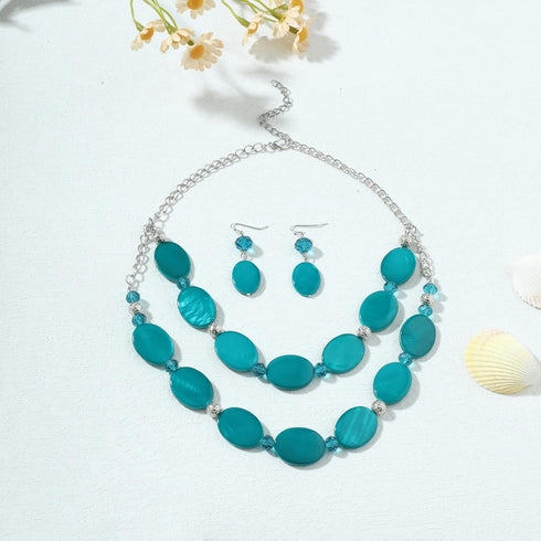 2 Layered Chunky Beaded Shell Necklace for Women Sea Shell blue/yellow/red/green/turquoise/teal/white Statement Necklace and Earring Set Elegant W...