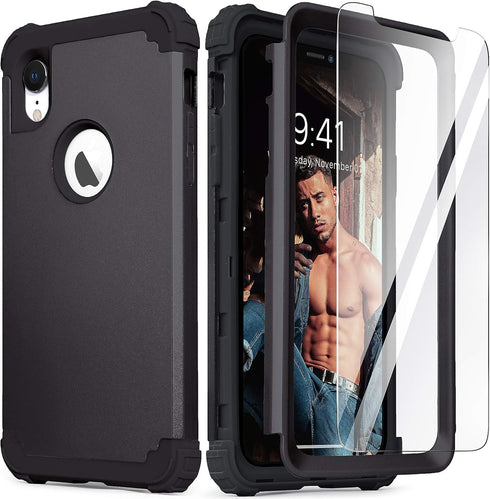 IDweel for iPhone XR Case, Case for iPhone XR with Tempered Glass Screen Protector, 3 in 1 Shockproof Slim Hybrid Heavy Duty Hard PC Cover Soft Si...