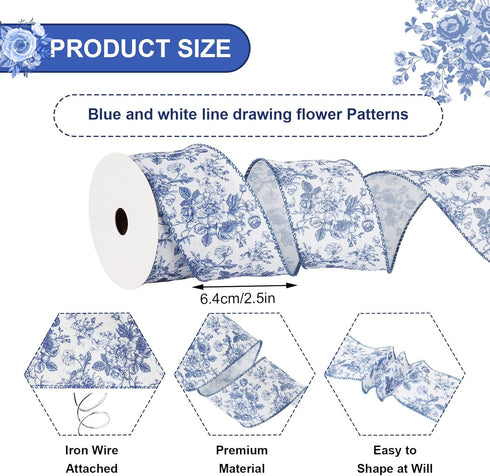 AnyDesign Floral Wired Edge Ribbon Blue Flower Craft Ribbon Chinoiserie Decorative Fabric Ribbon for DIY Crafts Wreath Bow Making, 12 Yards...
