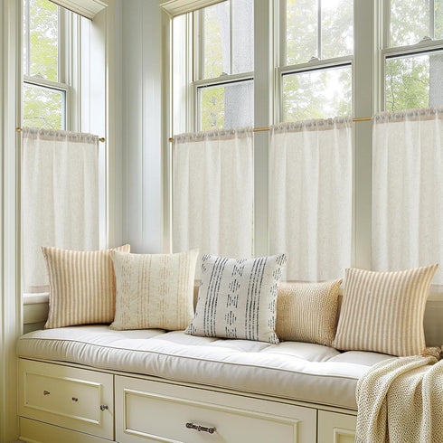 jinchan Beige Kitchen Curtains Linen Tier Curtains 45 Inches Farmhouse Cafe Curtain Light Filtering Flax Country Rustic Bathroom RV 2 Panels Crude...