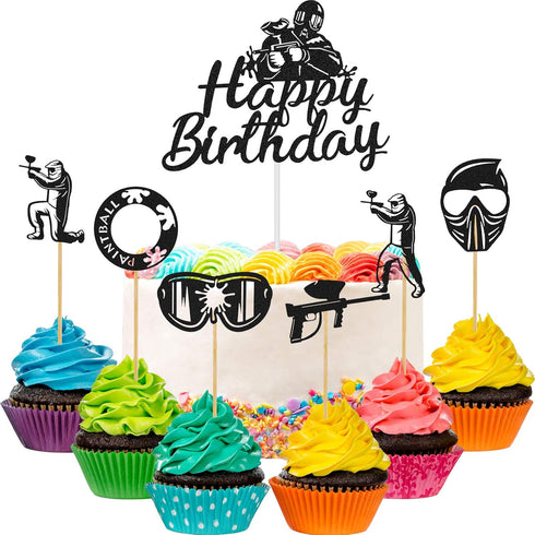 Jetec 37 Pieces Paintball Cake Toppers Birthday Party Supplies, Paintball Cupcake Toppers Decorations, Glitter Silhouette Handmade Cake Decoration...