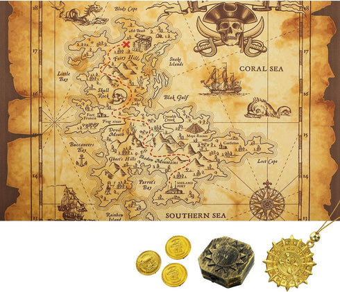 Gejoy Halloween Detailed Pirate Treasure Map Vintage Gold Secret Sea Historical Theme Party Accessory, Compass Necklace Plastic Coins Toy Pirate T...