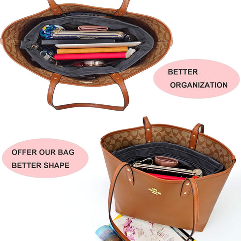 Time Wing Handbag Tote Purse Organizer Insert Bag Liner Shaper Divider Zipper 11 Pockets Compartments Small Dark Grey...