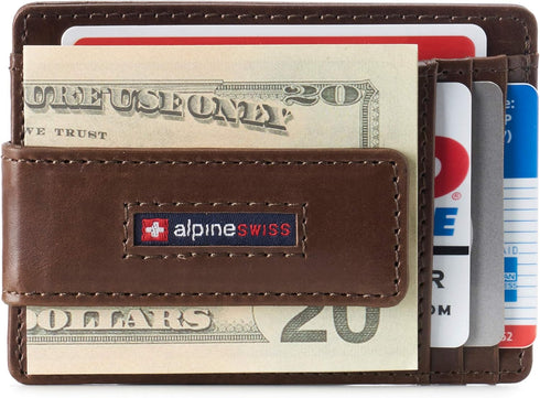 Alpine Swiss Harper Mens RFID Slim Front Pocket Wallet Magnetic Money Clip ID Card Holder Leather Glossy Nappa Brown...