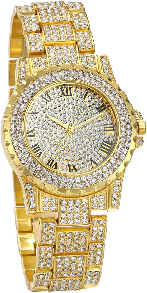 JewelryWe Men Women Watches Stylish Rhinestone Round Quartz Watch Gold Plated Stainless Steel Wristwatch for Valentine’s Day...