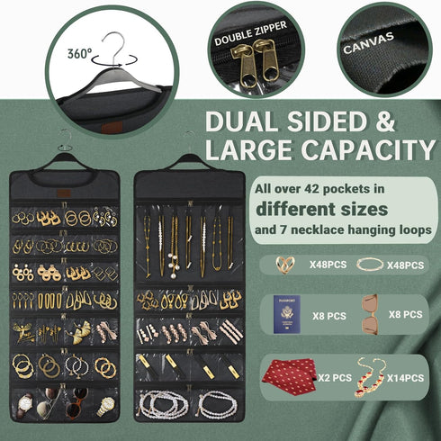 SMRITI Hanging Jewelry Organizer with Dual Zippered Pockets Canvas Double Sided Rotating Hanger Necklace Hanging Wall Organizer Earring Dustproof ...