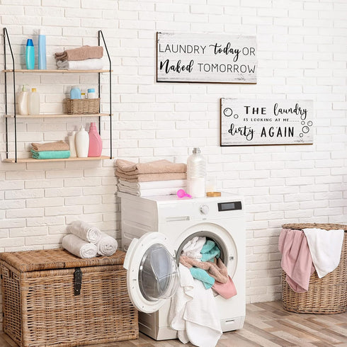 2 Pieces Laundry Room Decor Sign Rustic Farmhouse Bathroom Wall Decor Funny Laundry Signs, 12 x 6 Inch(White)...