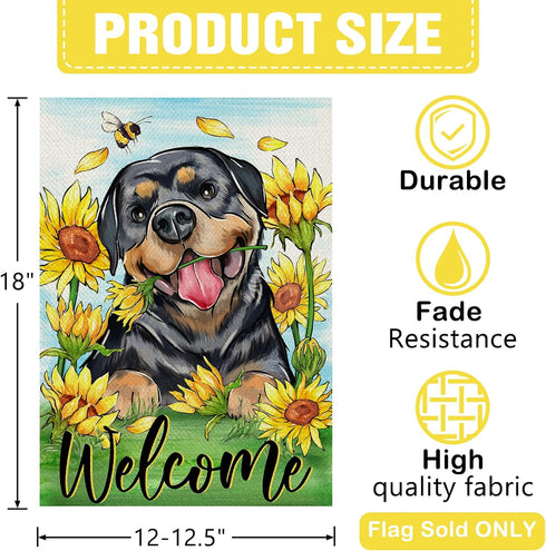 Welcome Spring Summer Rottweiler Dog Decorative Garden Flag, Sunflower Pet Yard Outside Home Decoration Dog Lover Gifts, Floral Flower Bee Seasona...