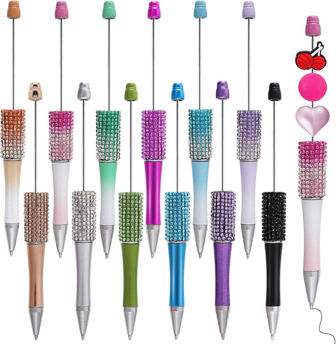 12 Pcs Beadable Pens Rhinestones Beadable Pens Plastic Black Ink Pens for Gift Making Kits Children Students Office School DIY Supplies...