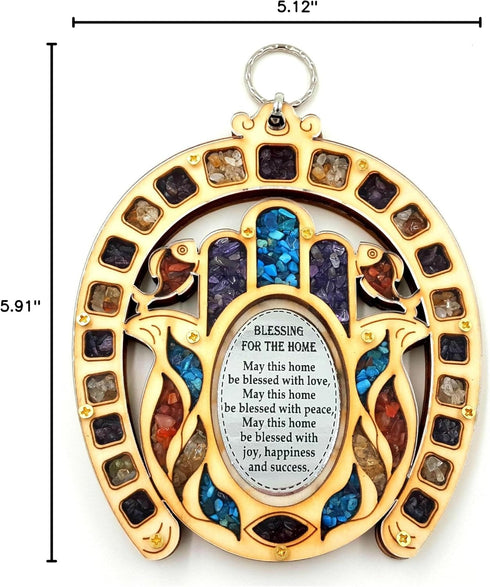 Horseshoe Symbol Hand Fatima Wood Wall Hanging Plaque Hamsa Home Blessing with Semi Precious Stones Gift...