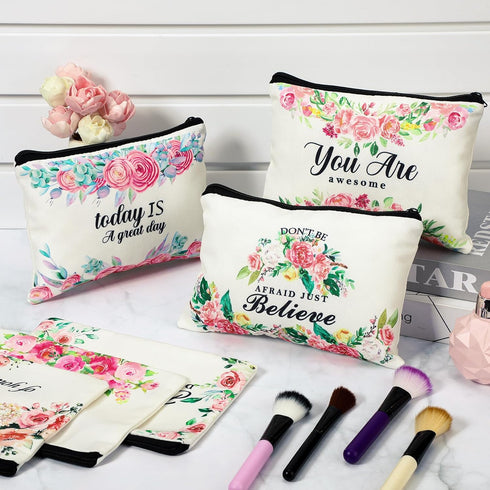 16 Pcs Canvas Cosmetic Bag Bulk Inspirational Quotes Makeup Bags with Zipper Encouragement Travel Toiletry Pouch Appreciation Gift for Christmas W...