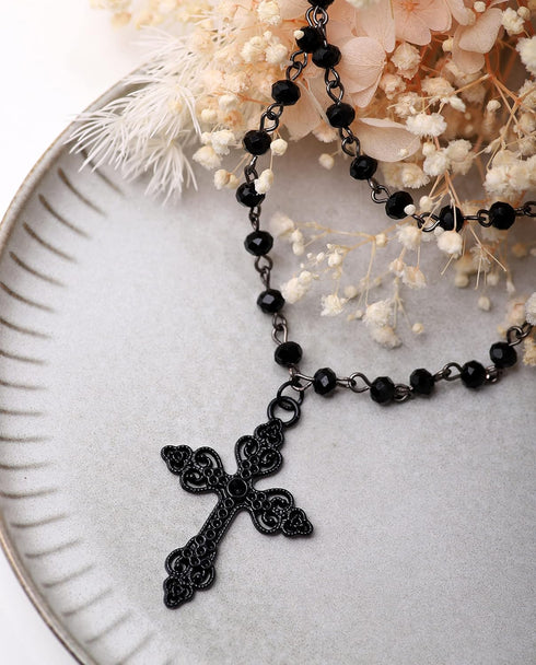 Sacina Gothic Layered Cross Necklace, Zinc Alloy Black Bead Cross Choker Necklace, Halloween Goth Jewelry Gift for Women (Layered Bead Cross)...