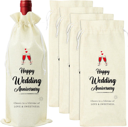 Omoojee 4 Pcs Wedding Anniversary Wine Bag, Couple Gift for Married Anniversary, Flax Drawstring Wine Bag...