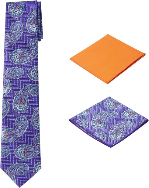 Men's Woven Paisley Regular Length Neck Tie with 2 Handkerchief Pocket Squares Hanky Set - Purple Orange...