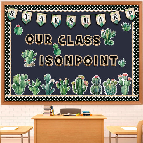 Qilery 64 Pcs Cactus Bulletin Board Set Greenery Classroom Bulletin Board Decoration Stay Sharp Our Class is on Point Cactus Bulletin Board Cutout...
