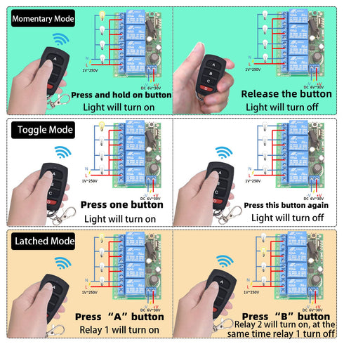 DieseRC DC 12V 24V 4CH Wireless Remote Control Switch DC 6-30V 10A 4-Channels 433Mhz Radio Frequency Relay Receiver with 2 RF Transmitters for Lig...