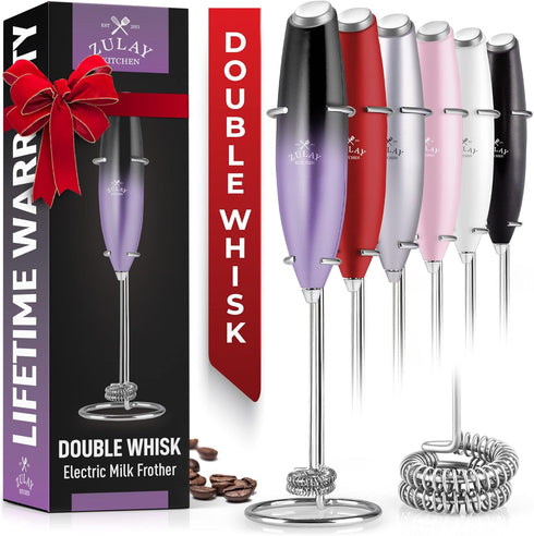 Zulay Kitchen Powerful Double Whisk Milk Frother Handheld - Foam Maker With Stand - Whisk Drink Mixer for Coffee, Mini Foamer for Latte, Matcha, F...