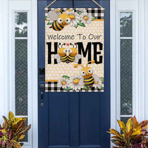 Welcome to Our Home Bumble Bee Spring Summer Decorative Large House Flag, Buffalo Plaid Check Daisy Home Outside Garden Yard Decorations, Farmhous...