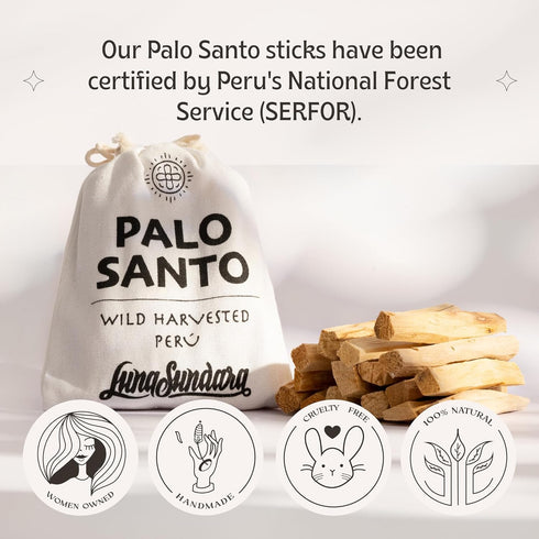 Luna Sundara Palo Santo Sticks from Peru Sustainably Wild Harvested Quality Hand Picked 100 Grams Authentic Smudge Sticks Includes a Reusable Draw...