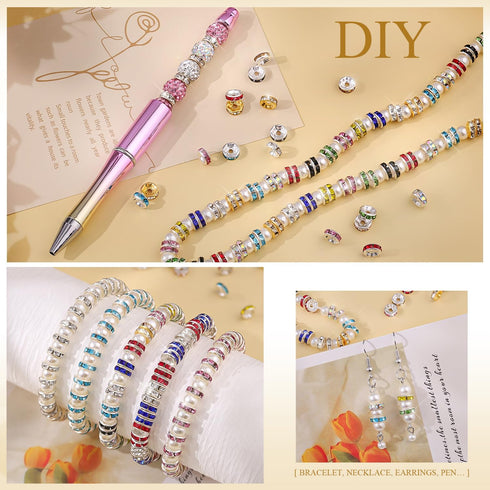 600 pcs 8mm Spacer Beads for Crafting, 10 Colors Rondelle Spacer Beads Box, Fancy Sparkle Crystal Rhinestone Spacer Loose Beads for Necklace Brace...