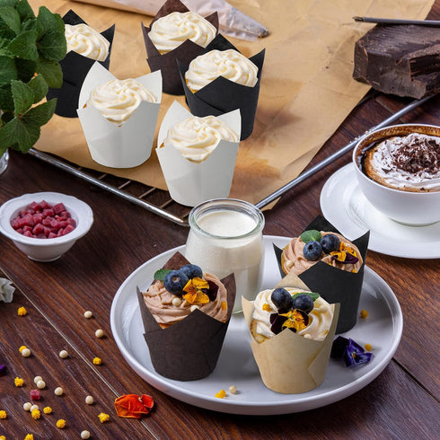 Ruisita 200 Pieces Mini Tulip Baking Cups Greaseproof Cupcake Muffin Liners Muffin Cases Wrappers for Wedding Birthday Party Baby Shower,Brown,Whi...