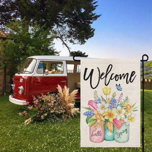 CROWNED BEAUTY Spring Garden Flag Floral Mason Jar 12×18 Inch Double Sided for Outside Small Burlap Welcome Yard Flag...