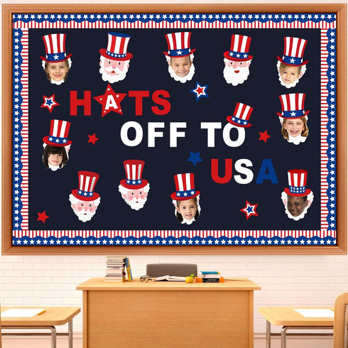 68 Pcs 4th of July Bulletin Board Decorations Hats off to USA Bulletin Board Hollow Cutouts American Flag Bulletin Board Border for Independence D...