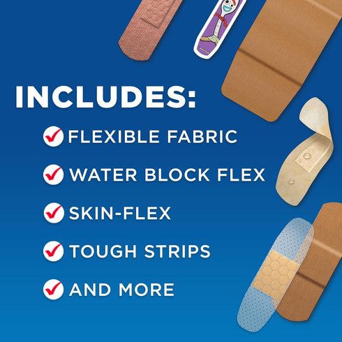 Band-Aid Brand Adhesive Bandage Family Variety Pack in Assorted Sizes Featuring Water Block Flex, Flexible Fabric, Skin-Flex, Tough Strips & Pixar...