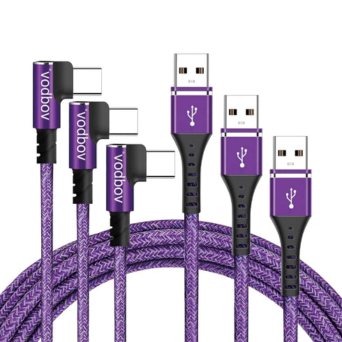 USB-C Cable 3-Pack 1ft 3ft 6ft Right Angle USB to USB-C 90 Degree Braided Data Sync Transfer Cord Purple...
