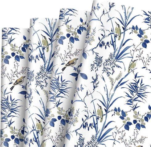 JarThenaAMCS 6 Sheet Bird Flower Wrapping Paper -Not Roll- Blue White Gift Wrap Paper Folded Flat DIY Art Craft Paper for Birthday Party Baby Show...