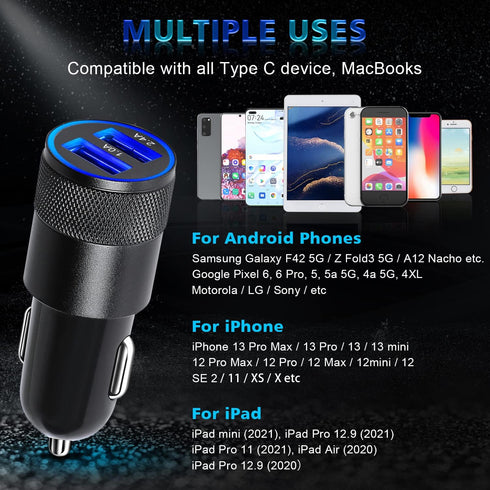 2 Pack Car Charger, 3.4a Fast Charge Dual Port USB Cargador Carro Lighter Adapter for iPhone 14 13 12 11 Pro Max X XR XS 8 Plus 6s, iPad, Samsung ...