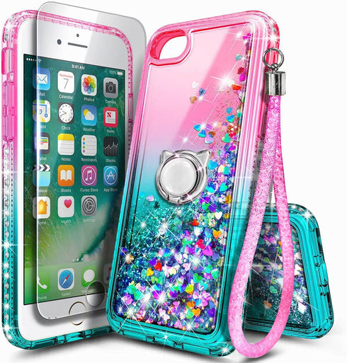 NGB Designed for iPhone SE (3rd 2022 & 2nd Gen 2020)/iPhone 8/7/6/6S Case, Pink/Aqua | Glitter Liquid Cute Cover for Women Girls Kids | with Tempe...