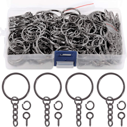 Swpeet 450Pcs 1 Inch 25mm Black Flat Key Chain Rings Kit, Including 150Pcs Split Keychain Rings with Chain and 150Pcs Jump Ring with 150Pcs Screw ...