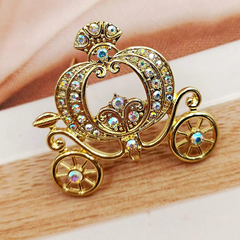 Stunning Gold Tone Opens AB Crystal Accent Pumpkin Carriage Pin Brooch Fair Tale Jewelry...
