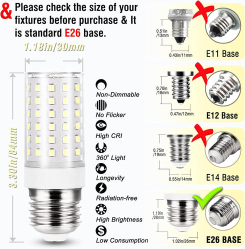 ALIDE E26 100W Replacement LED Candelabra Corn Bulbs,6000K Bright Daylight White,E26/E27 12W LED Light Bulbs 1200LM for Ceiling Fan Chandelier Pen...
