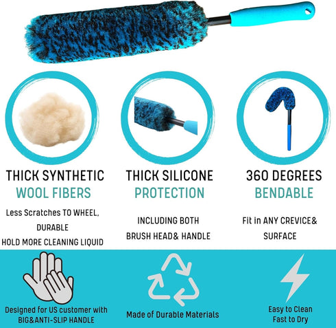 PRO Choice 4 Pack Long Handle Wheel Brush Kit for Cleaning Wheel and Tire- 2X Soft Wheel Cleaning Brush, Detailing Brush and Stiff Tire Brush...