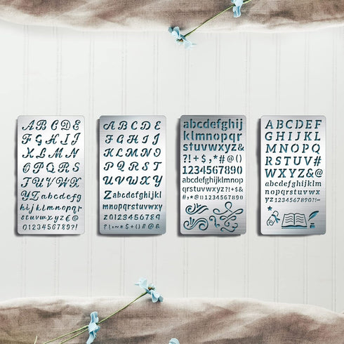 BENECREAT 4PCS 4x7 Inch Alphabet Number Metal Stencils 4 Style Steel Stencil Template for Wood Carving, Drawings and Woodburning, Engraving and Sc...